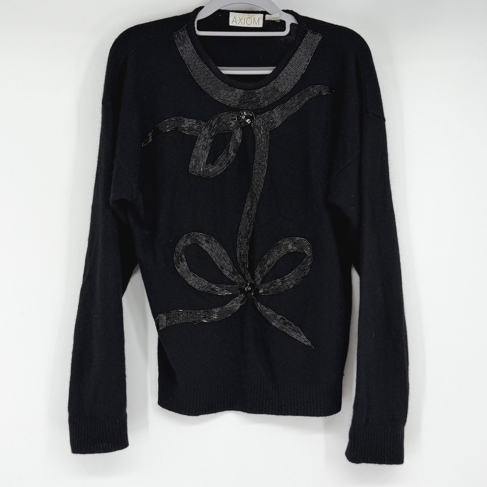 Axiom Vintage 80s 90s Black Beaded Ribbon Bow Angora Lambswool Sweater Large